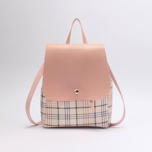 

Plaid Pattern Flap Backpack, Pink