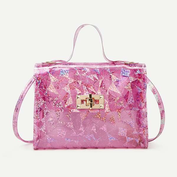 

Glitter Geometric Graphic Satchel Bag, Pink