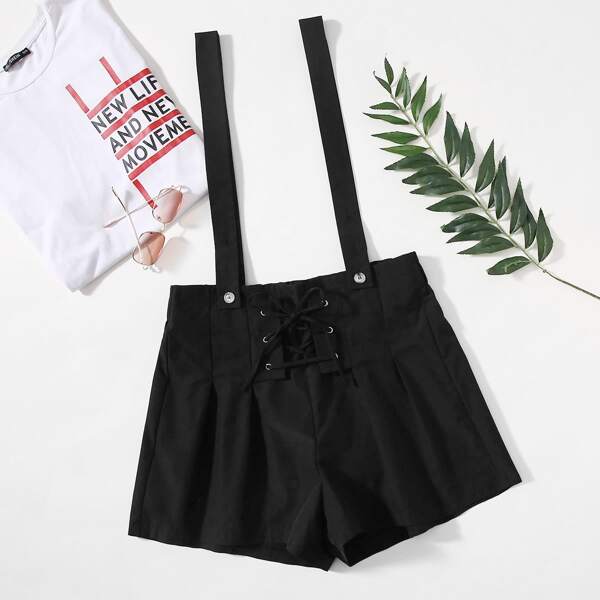 

Plus Lace Up Front Suspender Shorts, Black