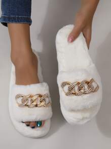 Chain Decor Fluffy Bedroom Slippers - White - View 1