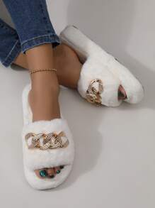 Chain Decor Fluffy Bedroom Slippers - White - View 2