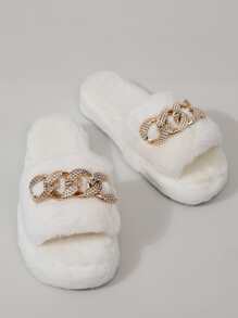 Chain Decor Fluffy Bedroom Slippers - White - View 3
