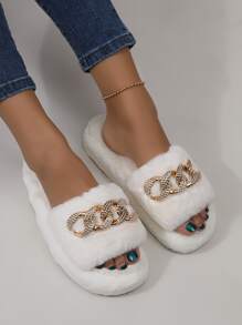 Chain Decor Fluffy Bedroom Slippers - White - View 5