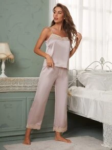 蕾絲邊緞面吊帶上衣和褲子睡衣套裝 - 藕粉色 - 查看 1