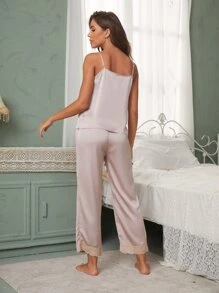 蕾絲邊緞面吊帶上衣和褲子睡衣套裝 - 藕粉色 - 查看 2