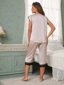 SHEIN 蕾絲邊緞面上衣和褲子睡衣套裝 - 藕粉色 - 查看 2