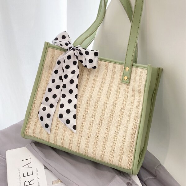 

Twilly Scarf Decor Woven Tote Bag, Green