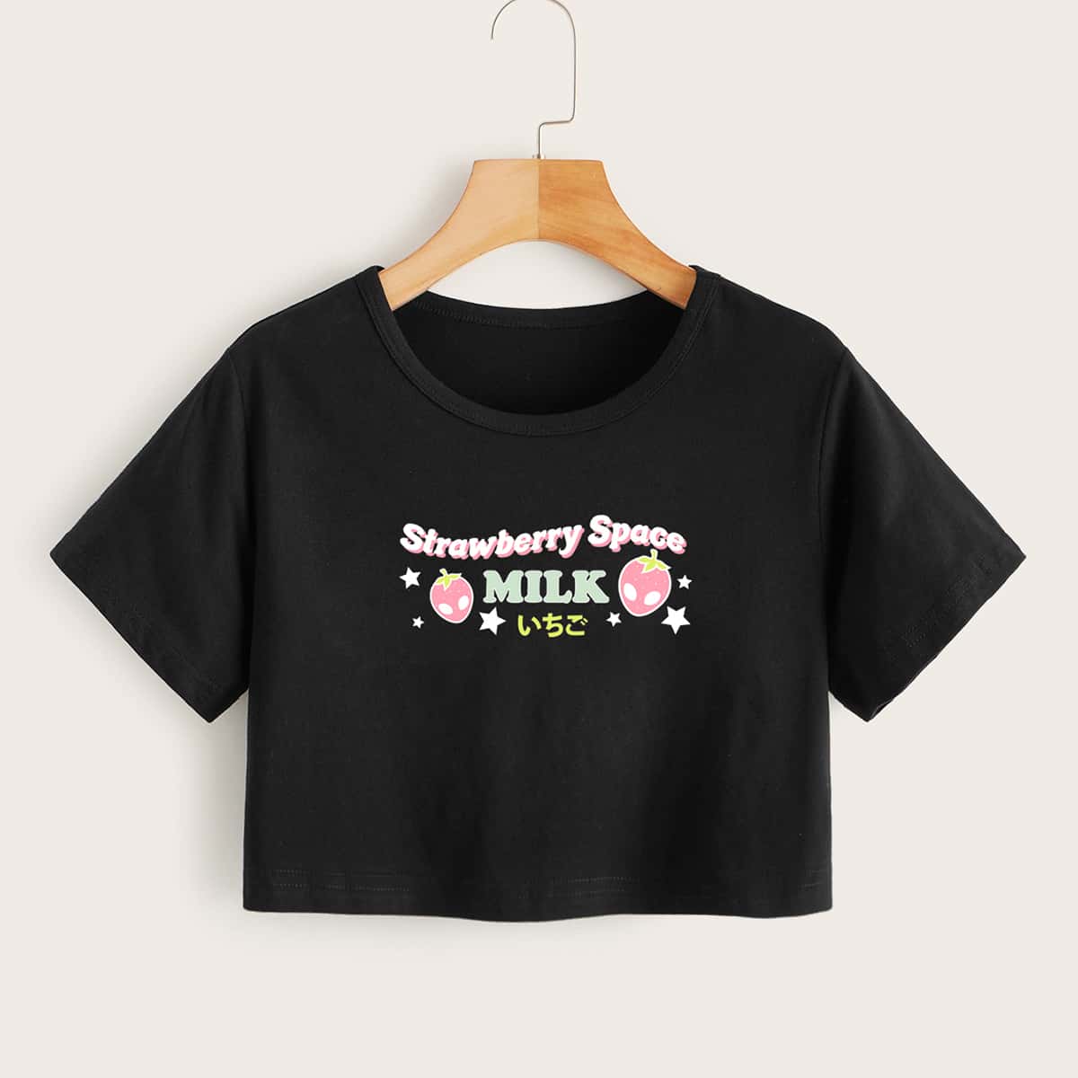 

Letter Strawberry Graphic Crop Boxy Tee, Black