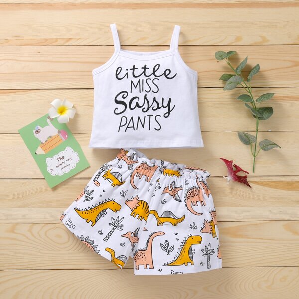 

Baby Girl Slogan Graphic Cami Top & Cartoon Graphic Shorts, White