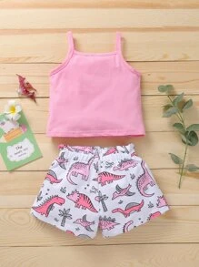 女婴標語圖案吊帶上衣和卡通圖案短褲