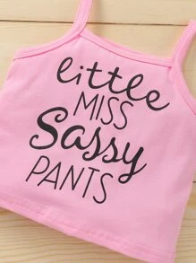 女婴標語圖案吊帶上衣和卡通圖案短褲