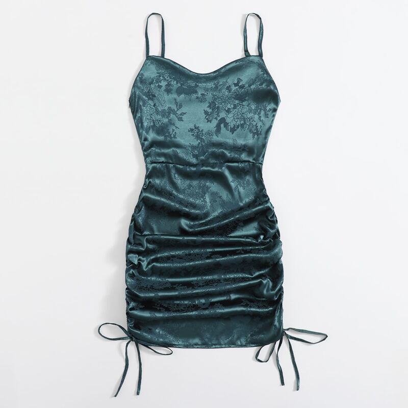 

Satin Jacquard Drawstring Dress, Teal blue
