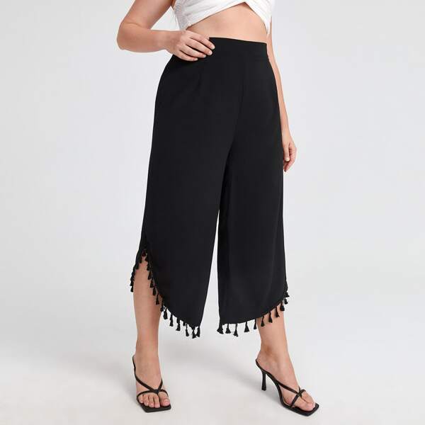 

Plus Fringe Hem Wide Leg Pants, Black