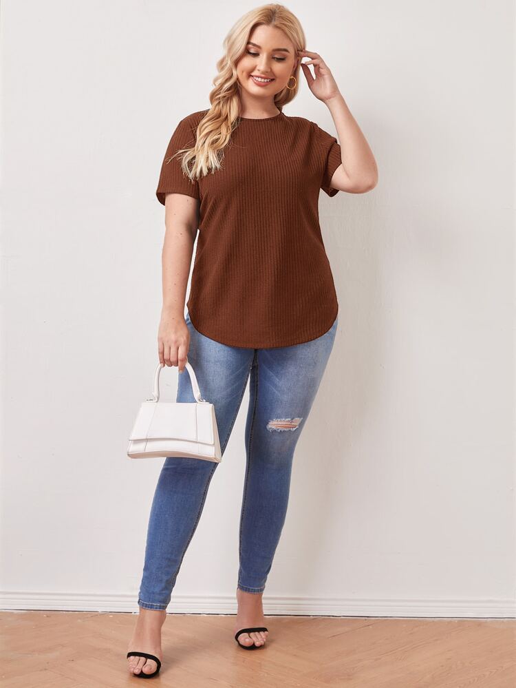 SHEIN LUNE Plus Button Back Rib-knit Tee - Rust Brown - View 3