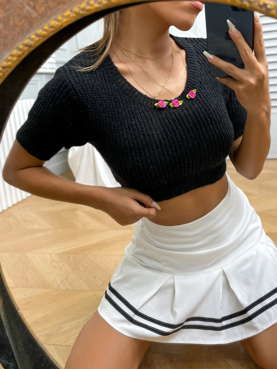 SHEIN Unity Knit ngọn Đề can Hoa Giải trí - màu đen - Xem 1