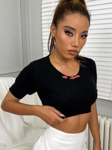 SHEIN Unity Knit ngọn Đề can Hoa Giải trí - màu đen - Xem 3