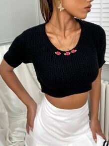 SHEIN Unity Knit ngọn Đề can Hoa Giải trí - màu đen - Xem 5