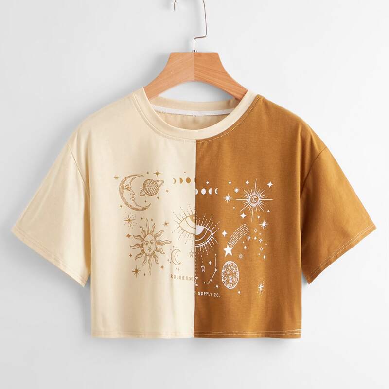 

Two Tone Sun & Moon Graphic Crop Tee, Multicolor
