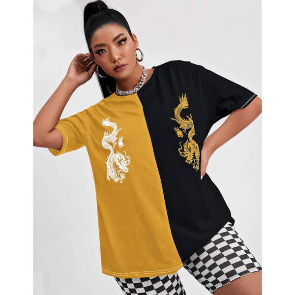 

Plus Chinese Dragon Print Drop Shoulder Tee, Multicolor