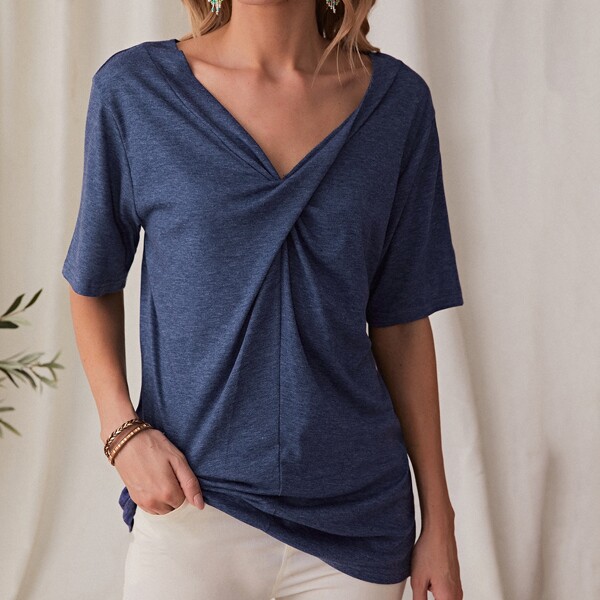 

Solid V-neck Tee, Navy blue