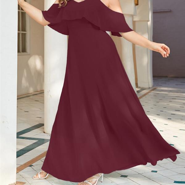 

Plus Cold Shoulder Maxi A-line Dress, Burgundy