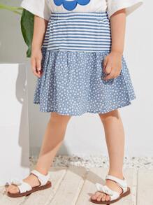 SHEIN 小女童彈性腰身小碎花和條紋半身裙 - 霧霾藍 - 查看 1