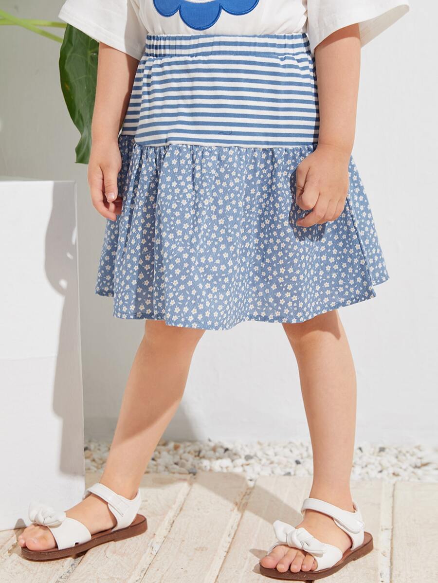 SHEIN 小女童彈性腰身小碎花和條紋半身裙 - 霧霾藍 - 查看 1