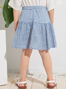 SHEIN 小女童彈性腰身小碎花和條紋半身裙 - 霧霾藍 - 查看 2