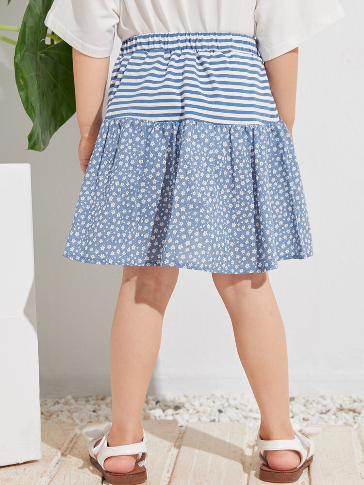 SHEIN 小女童彈性腰身小碎花和條紋半身裙 - 霧霾藍 - 查看 2