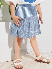 SHEIN 小女童彈性腰身小碎花和條紋半身裙 - 霧霾藍 - 查看 4