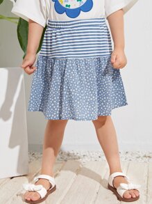 SHEIN 小女童彈性腰身小碎花和條紋半身裙 - 霧霾藍 - 查看 5