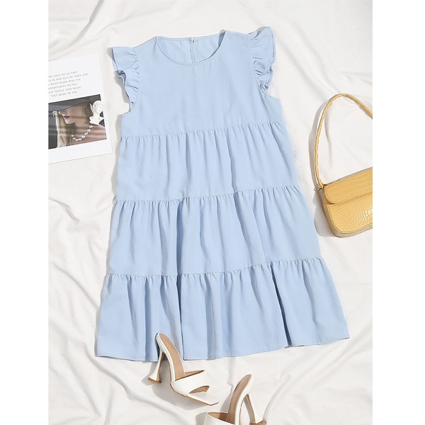 

Butterfly Sleeve Keyhole Back Ruffle Hem Smock Dress, Baby blue