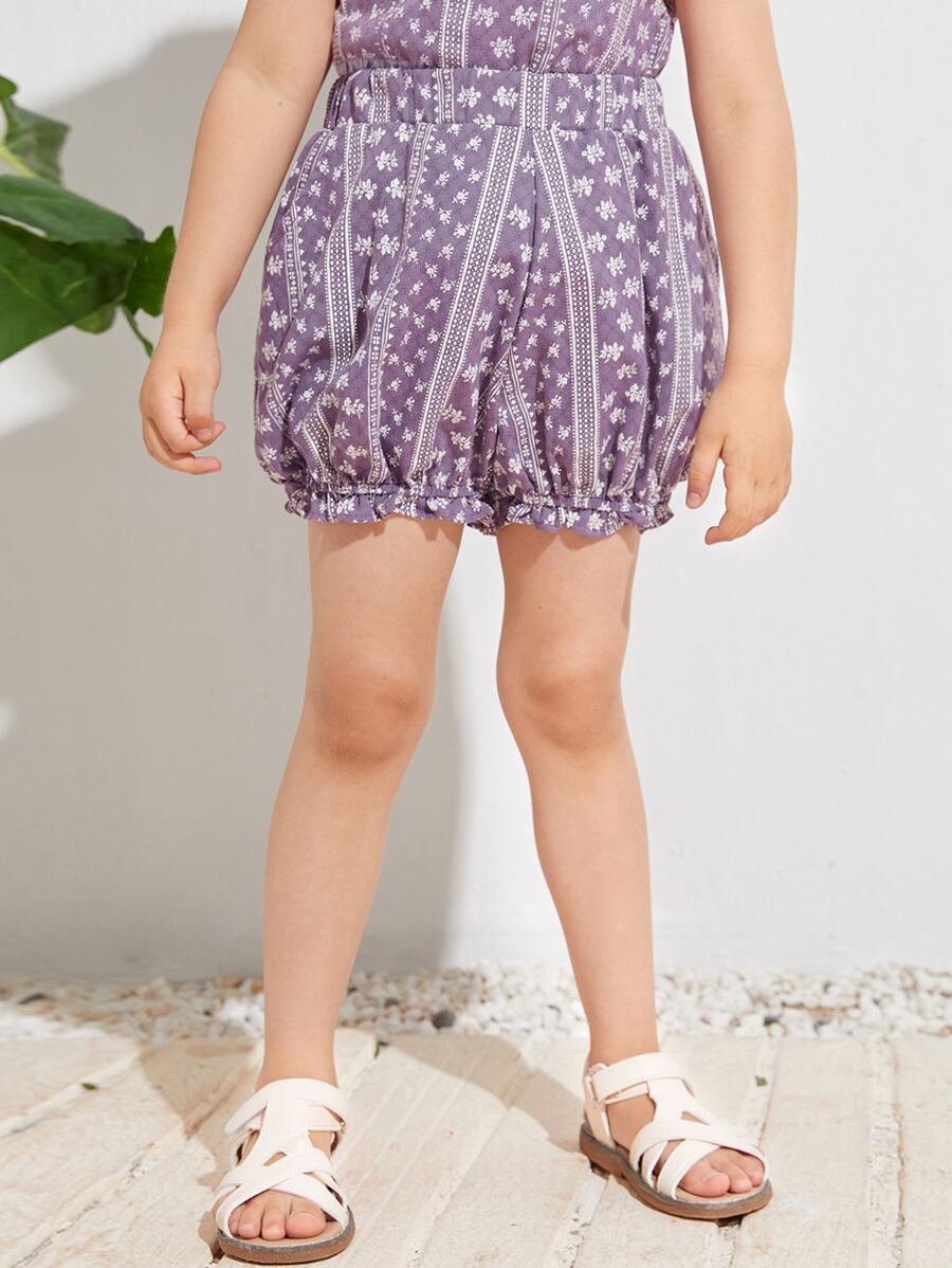 SHEIN Pantalones Cortos De Volantes Con Estampado Floral Para Niñas Pequeñas - Púrpura malva - Ver 1