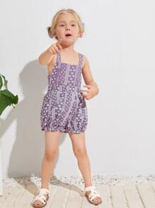 SHEIN Pantalones Cortos De Volantes Con Estampado Floral Para Niñas Pequeñas - Púrpura malva - Ver 3