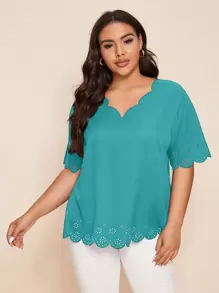 Mulvari Plus Laser Cut Scallop Trim Blouse - Cadet Blue - View 1