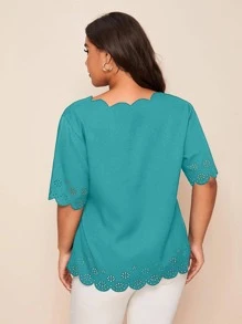 Mulvari Plus Laser Cut Scallop Trim Blouse - Cadet Blue - View 2