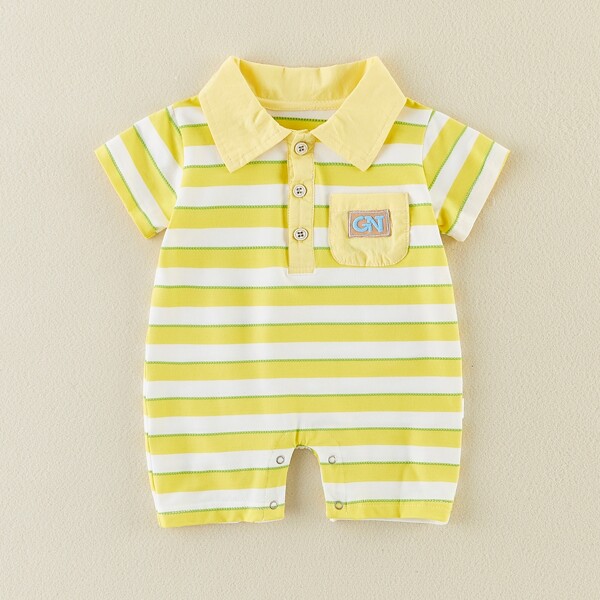 

Baby Boy Letter Patched Striped Polo Neck Romper, Yellow