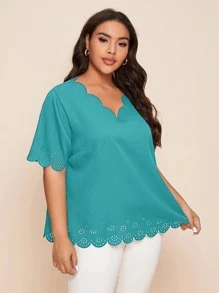 Mulvari Plus Laser Cut Scallop Trim Blouse - Cadet Blue - View 3