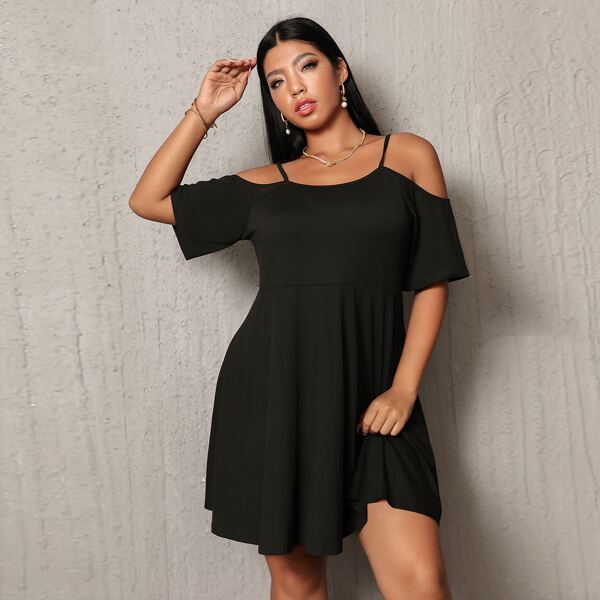 

Plus Solid Cold Shoulder Dress, Black