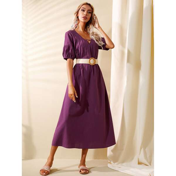 

Bishop Sleeve V Neck Tunic Dress Without Belt, Purple