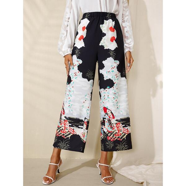 

Japanese Pattern Wide Leg Pants, Multicolor