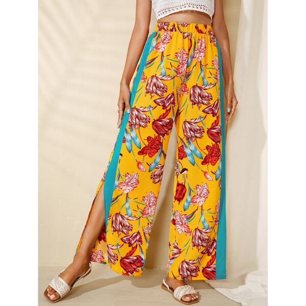 

Floral Side Split Wide Leg Pants, Yellow