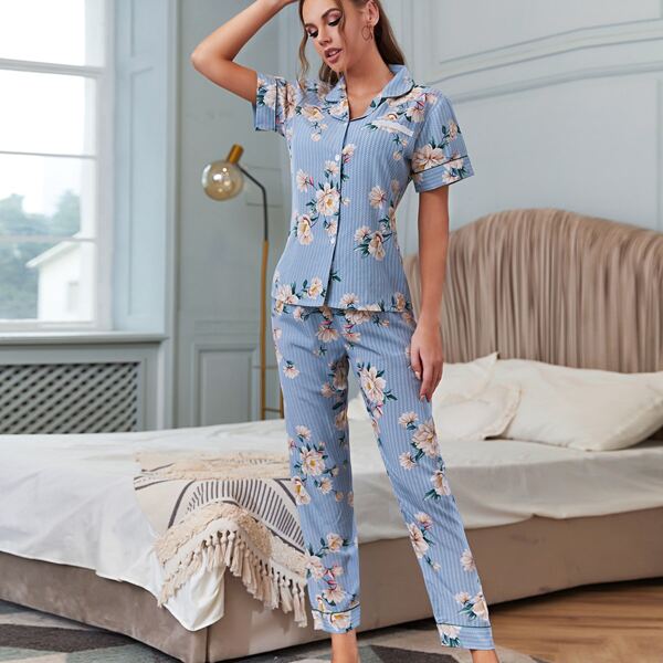 

Patch Pocket Striped & Floral Print Night Set, Dusty blue