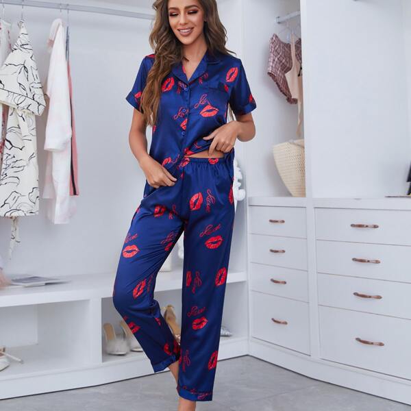 

Lip Print Blouse & Pants Night Set, Navy blue