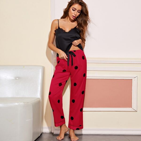 

Lace Trim Cami Top & Polka Dot Pants Satin Night Set, Multicolor