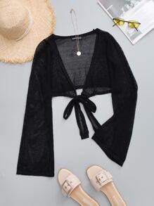 SHEIN Holidaya Tie Front Crop Sheer Cardigan - Black - View 1