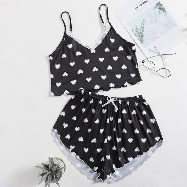 

Lace Panel Heart Print Cami Pajama Set, Black