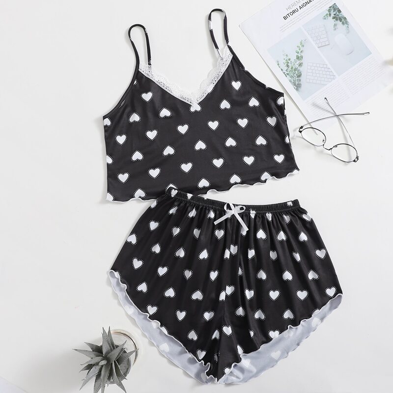 

Lace Panel Heart Print Cami Pajama Set, Black