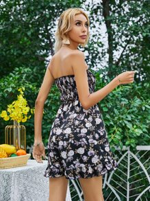 Floral Shirred Ruffle Hem Tube Romper - Multicolor - View 2