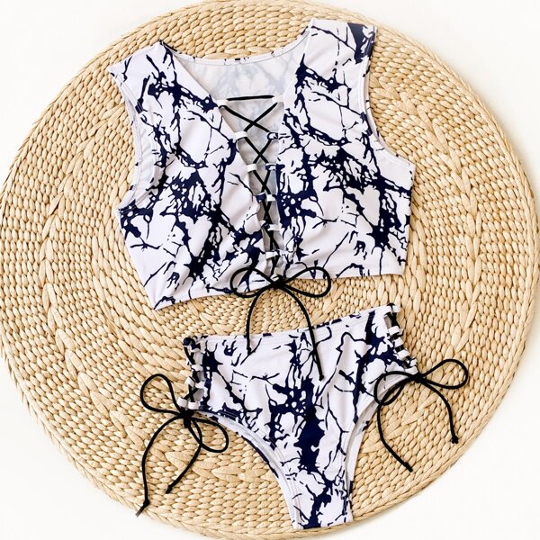 

Marble Print Lace-up Bikini Swimsuit, Black and white